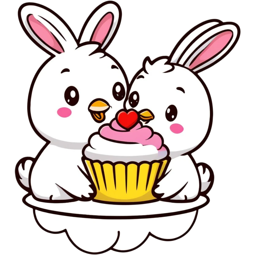 bunny and chick sharing cupcake with hearts floating, cartoonish sticker style emoji
