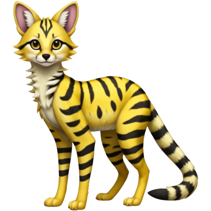 Lanky slender beautiful elegant spotted hype-realistic, black-maned, vibrant yellow Genet-Serval-Sergal-Margay-Fox-fusion-hybrid-furry-fursona, full body, with a long puffy fluffy black-and-white-striped tail emoji