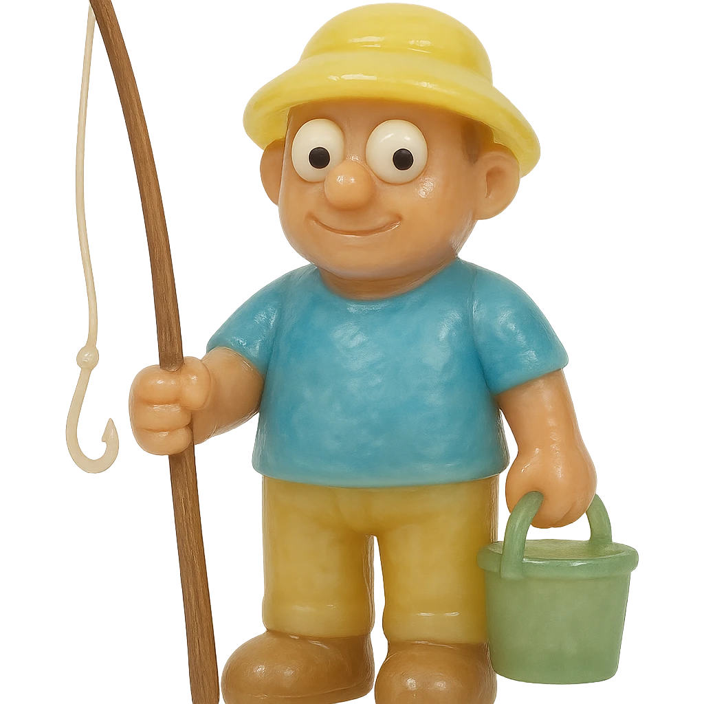 Make the fisherman have a wooden fishing pole and ensure the entire character is fully visible from head to toe (no cropping). The style is full-body, retro 90's toy, very transparent and slightly see-through, natural tan skin, blue shirt, yellow hat, pants, derpy eyes (large white eyeballs with small black pupils looking in different directions), soft plastic texture, soft reflections, soft and squishy, some cloudiness, not shiny, highly detailed, appealing, no tag, no background. emoji
