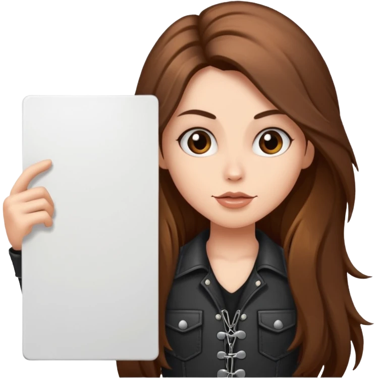 A fair skin rocker chick with long brown hair holding a large blank sign emoji