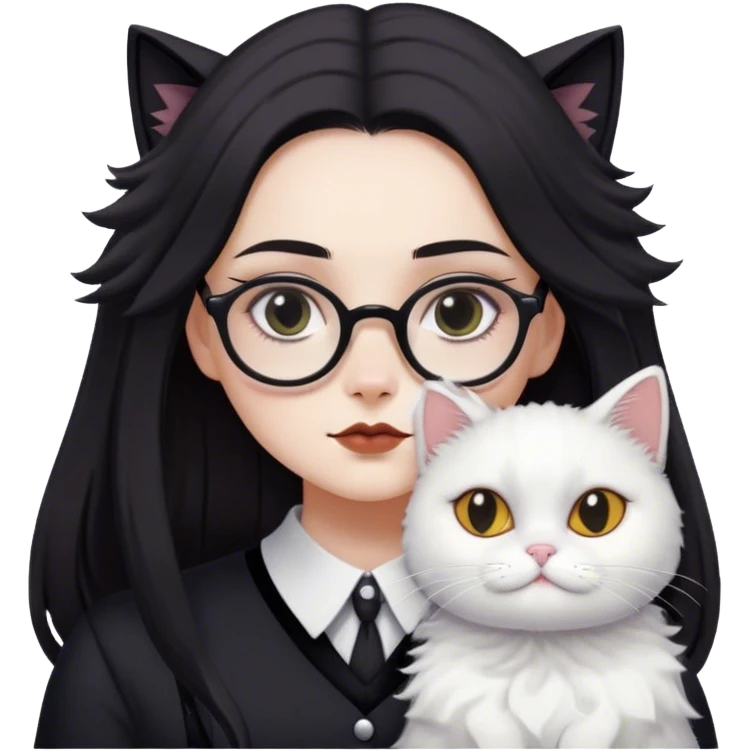 A girl ressembles Wednesday Addams with long loosed dark hair , squared glasses and a white fluffy cat is lying on her left shoulder and neck emoji