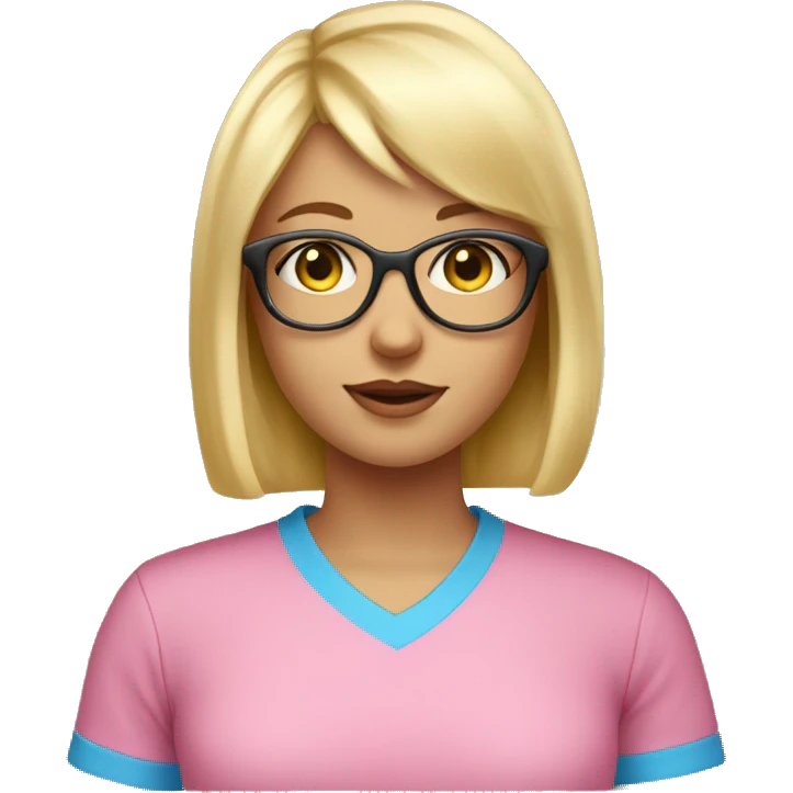 Blond girl, short hair, bangs, blue eyes, pink t shirt, golden glasses emoji
