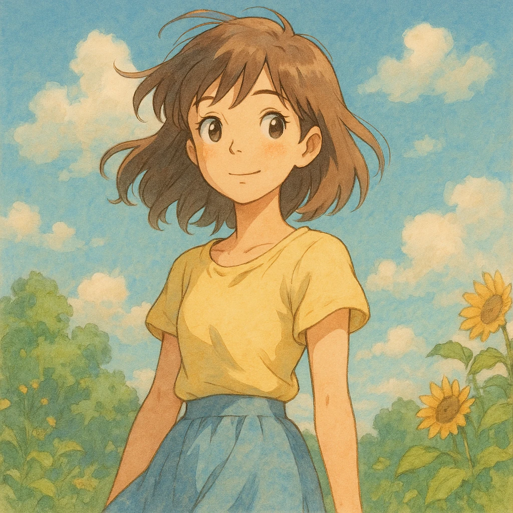summer girl, ghibli style, soft colors, detailed, anime inspired emoji