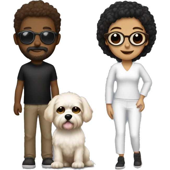 3 personas, 1 hombre blanco rapado con barba marron no muy grande, chica pelo oscuro con gafas piel blanca y un perro raza yorkshie muy peludo negro cabeza y patas marron emoji
