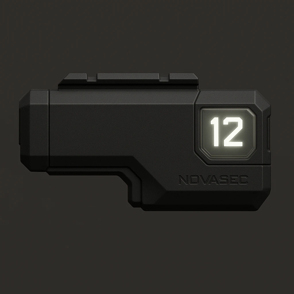 3D-rendered orthographic left view of the NOVASEC LUMA 12 underbarrel firearm attachment: compact, single-piece black matte module, elongated rectangular shape with beveled edges, glowing white prism-shaped ammo counter displaying '12' with cut corners and transparent cover, attachment rail insert on top, minimal tactical design, subtle NOVASEC branding, dark neutral background, soft lighting, no perspective or tilt, technical reference style emoji