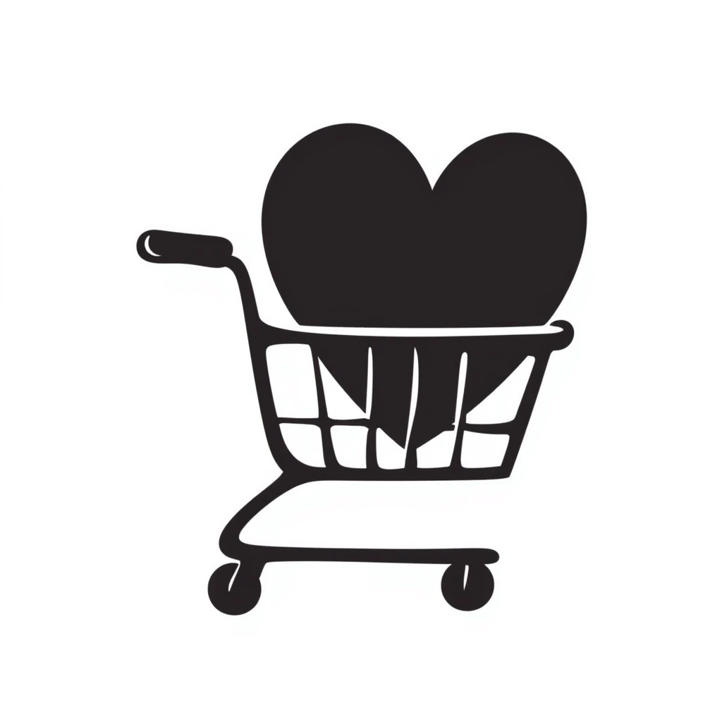 hand-drawn doodle of a shopping cart with a big red heart inside emoji