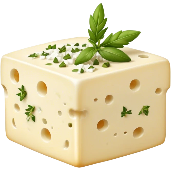 Cinematic Realistic Feta Cheese Dish Emoji, depicted as a block of crumbly, tangy cheese garnished with olive oil and herbs rendered with lifelike detail and soft natural lighting. emoji