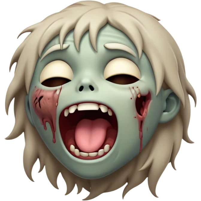 Cinematic Cute Yawning Zombie Portrait Emoji, with a delightfully quirky, slightly disheveled face in muted ashen tones, head tilted back in a big, funny yawn that reveals quirky stitches and playful gaps, simplified yet irresistibly charming, highly detailed with a soft, eerie glowing outline capturing the sleepy, offbeat vibe of a zombie taking a nap! emoji