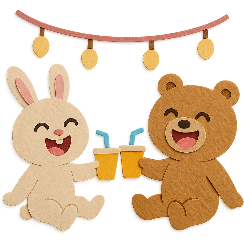 full-body bunny and bear with laughing faces clinking juice cups under string lights, paper-craft style emoji