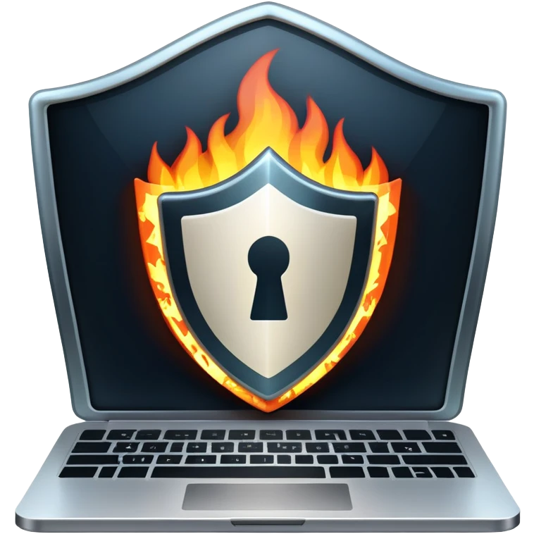 An icon featuring a digital shield with a lock, binary code, and a glowing firewall grid, symbolizing cybersecurity. The design includes a laptop, warning icons, and secure network nodes, representing protection against cyber threats. Transparent background highlights digital safety and defense. emoji