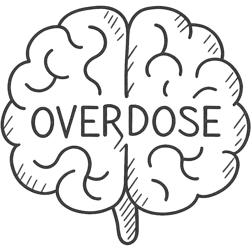 Add the word 'overdose' in the middle of the brain icon in hand drawn black outline style. emoji