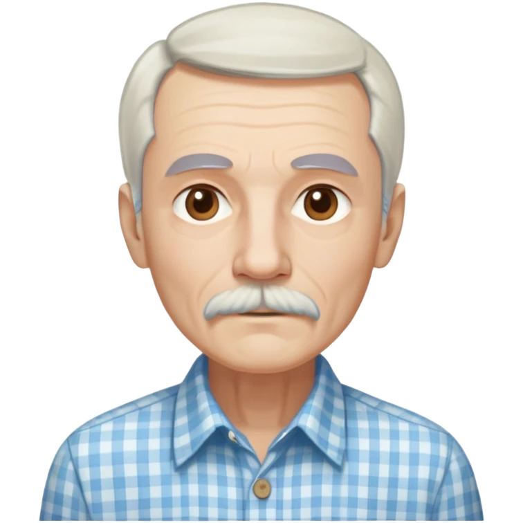 Skinny man in his 70s with fair skin. Long narrow face. Gentle light brown eyes. Fine straight white hair with light bangs touching eyebrows. Thin eyebrows. White goatee connected to mustache. Slender appearance. Wearing a light blue and beige checkered button-up shirt. emoji