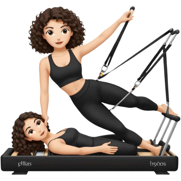 brunette,curly hair shoulder length,turkish,beautiful,with some eyelined eyes, 3b girl doing reformer pilates with black pilates cutesy set,on reformer machine,making different moves.just one person emoji