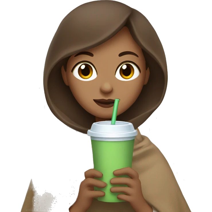 Woman with light green eyes and brown hair cozy with a blanket drinking iced coffee emoji