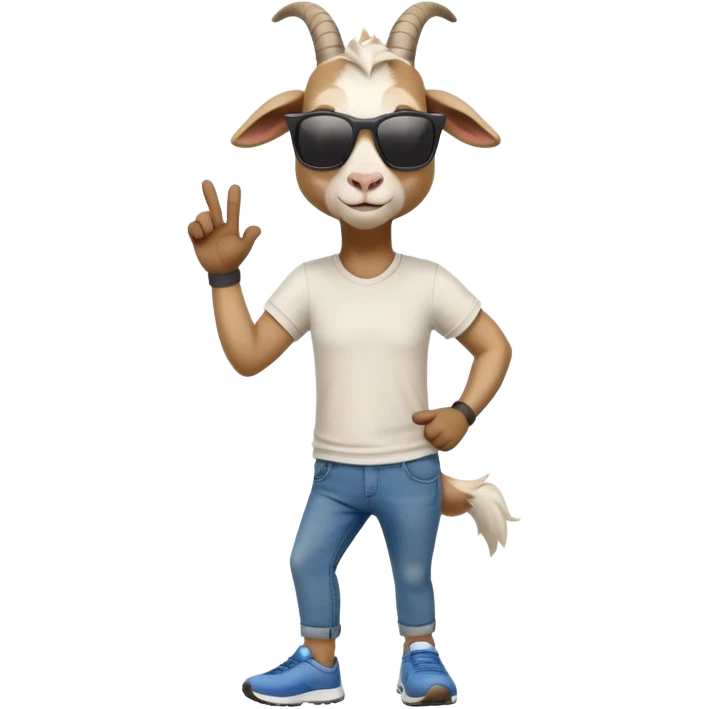 friendly anthropomorphised goat in jeans and a t-shirt, wearing dark sunglasses, jogging upright in standard pose emoji