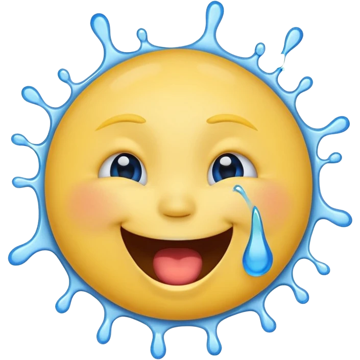 Emoji, yellow round laughing face, open mouth with Splashing blue tears from the eyes emoji
