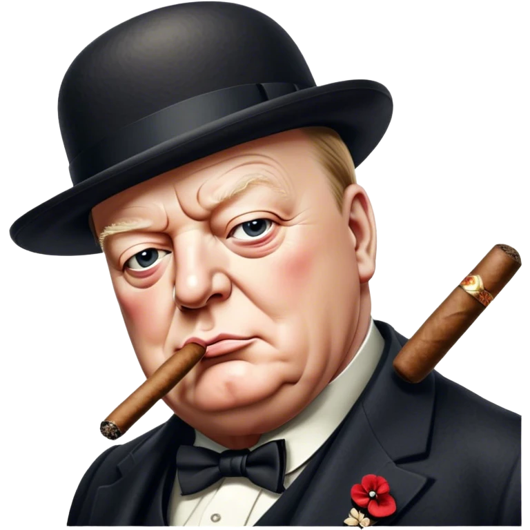 Cinematic Realistic Winston Churchill Portrait Emoji, depicted as a resolute British statesman with a signature bowler hat and a cigar, exuding determined leadership and wartime valor, rendered with lifelike textures and dramatic vintage lighting that captures his iconic British spirit. emoji