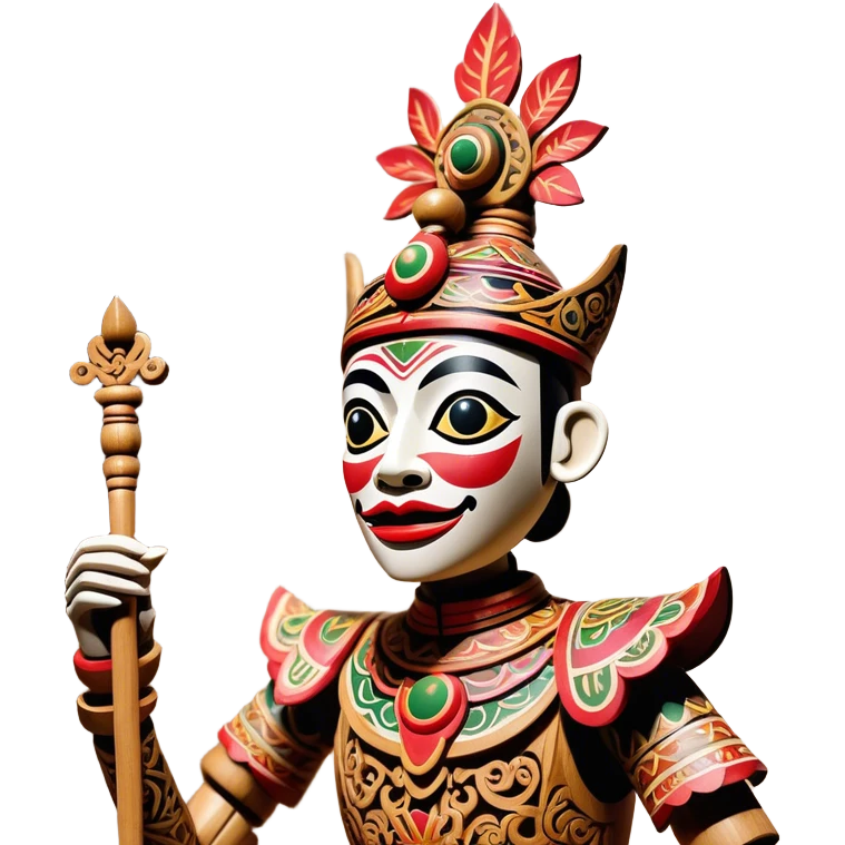 Golek Ayun-ayun – Cinematic Realistic Wayang Golek Ayun-ayun, depicted as an intricately carved traditional wooden puppet with vibrant painted details and expressive features, set on a dimly lit stage with dramatic shadows that evoke centuries of Indonesian theatrical heritage, rendered with lifelike textures and subtle ambient glow. emoji