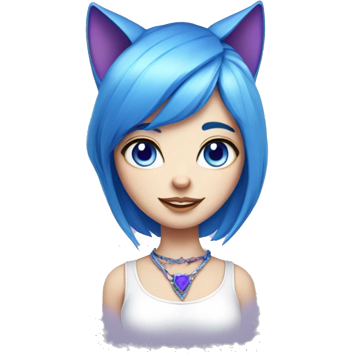fair skinned cat girl with blue hair, cat ears, white top, blue necklace and purple left eye, blue right eye emoji