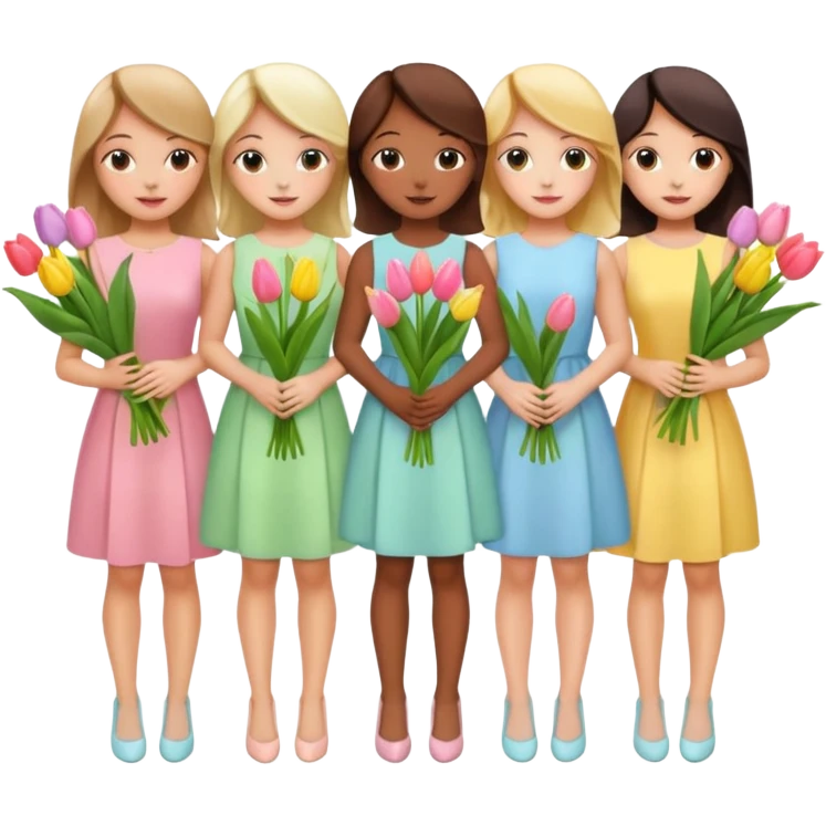 spring girly event - 5 girls wearing pastel dresses holding tulips emoji