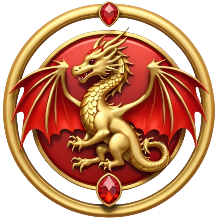 Golden dragon with wings crest / brosch in a circle with red gems and no background emoji