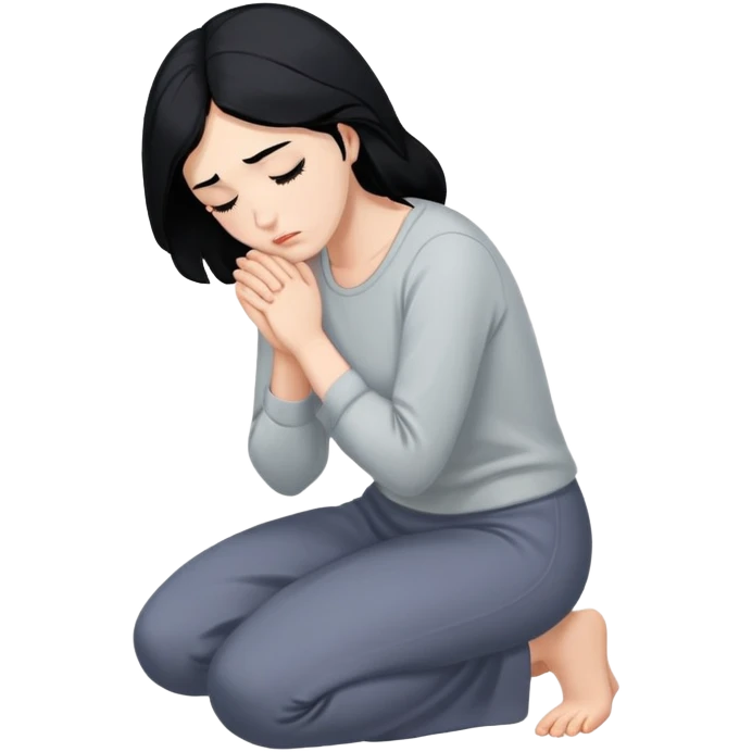 Woman with fair skin and black hair kneeling asking for forgiveness emoji