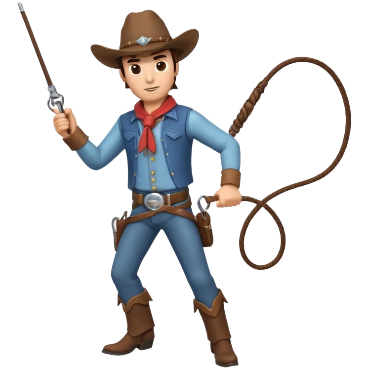 cowboy man holding a whip, dynamic pose, western outfit, adventure vibe, 3D cartoon, mobile game icon style, clean background, no text, no watermark
 emoji