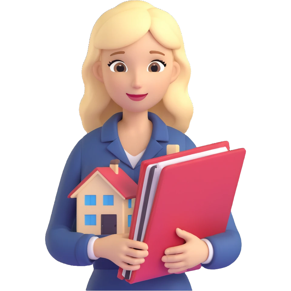 3D emoji style, blonde woman around 40 years old, real estate broker, holding a house file emoji
