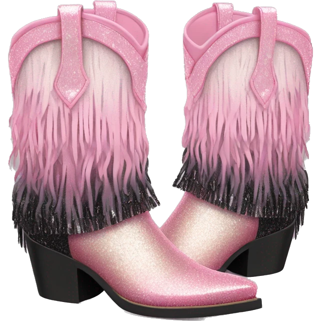 Realistic pastel pink to black ombre pair of fashion cowgirl boots with sparkly shiny glitter fringe on them. emoji