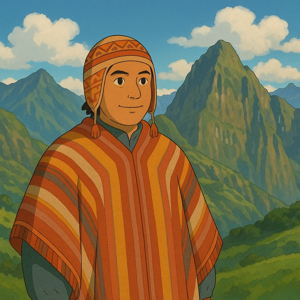 peruano con poncho y fondo de montañas andinas emoji