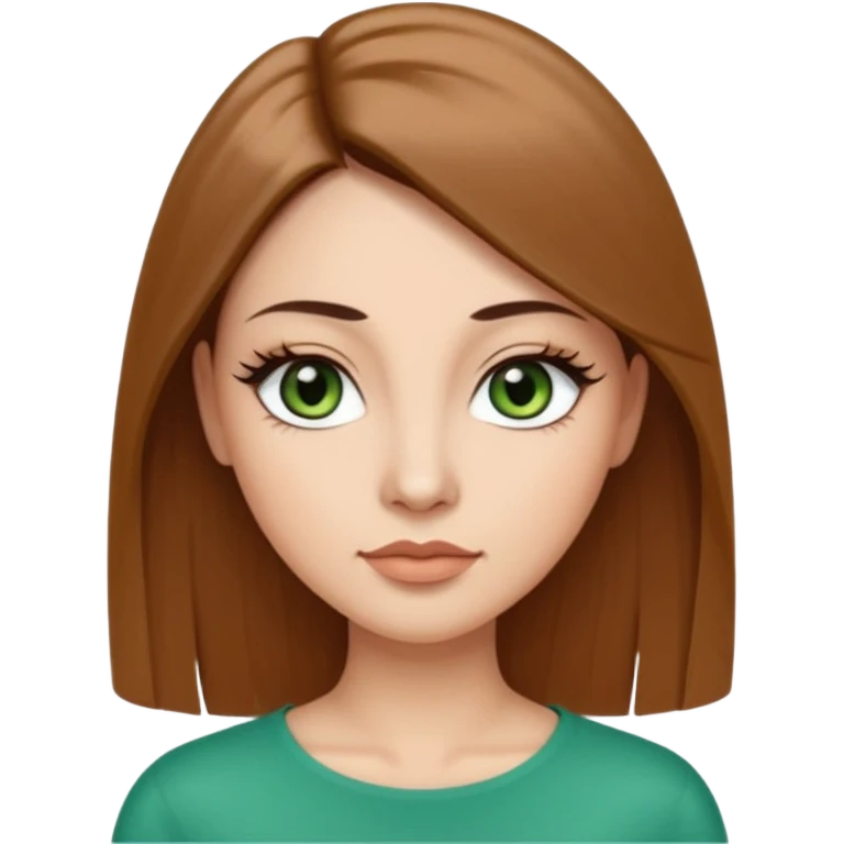Adult woman avatar, light skin tone, oval face, long straight brown hair, green almond-shaped eyes with dramatic eyelashes and minimal eyeliner, neutral mouth, medium straight eyebrows, small nose, smooth skin emoji