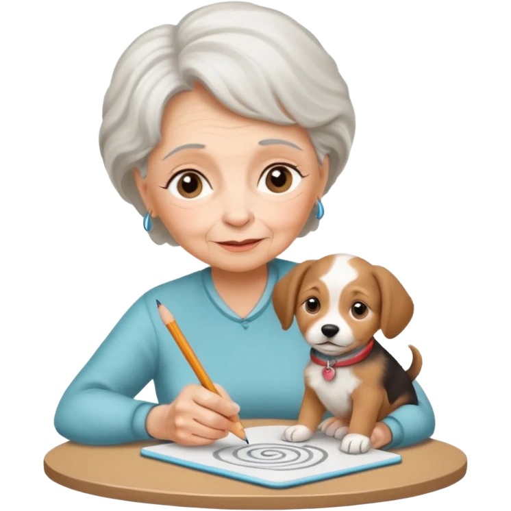 An elderly woman sketching her puppy face on the spiral pad. emoji