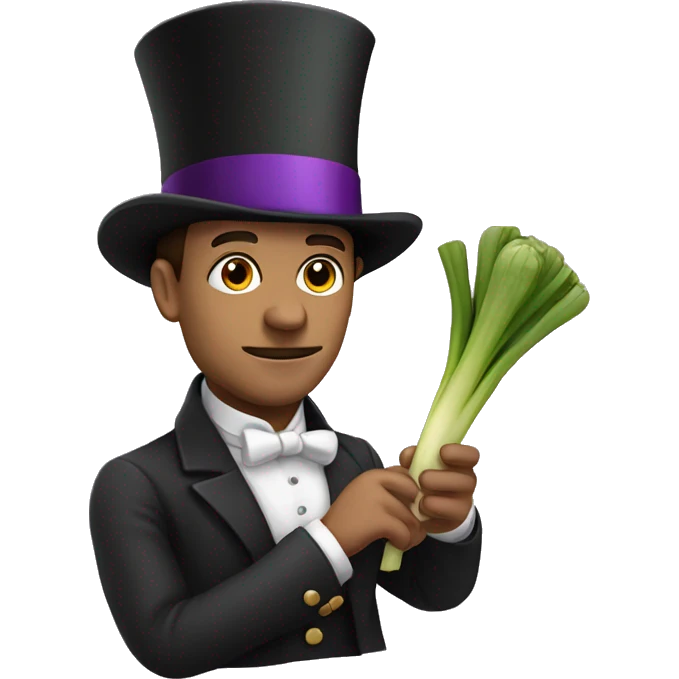 Man holding a leek with his hands with a top hat that has a purple band emoji