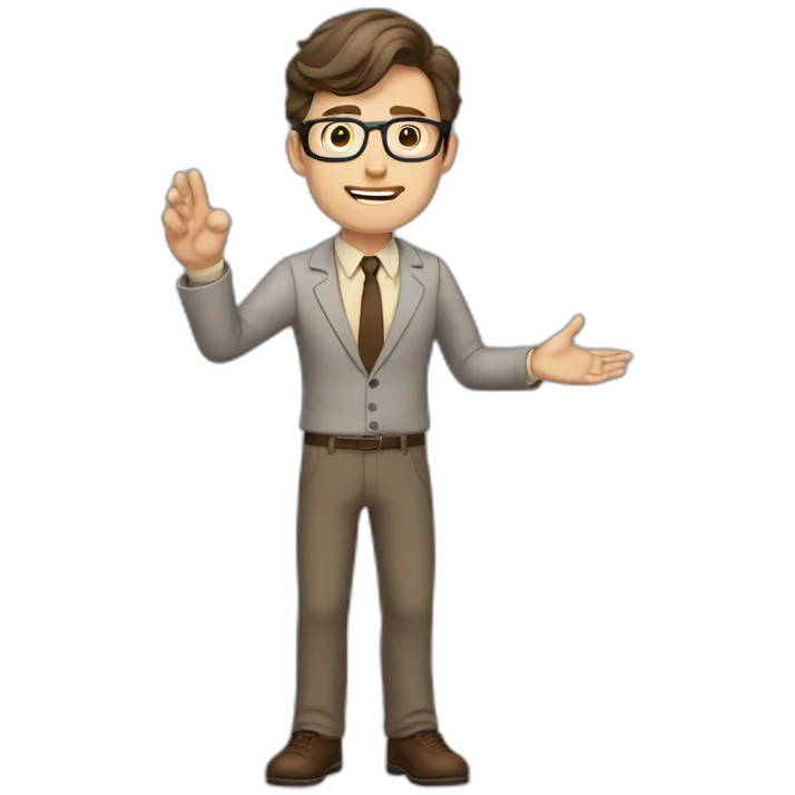 To belt Actively gesturing with hands Okay Pale skinned fit man with dark brown hair in gray jacket, beige office shirt, brown tie, brown pants and vintage glasses. emoji