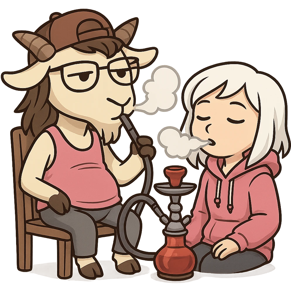 goat for Telegram stickers inspired by reference https://attic.sh/feoducyurkpqwz0la088soao98sx: wearing a cap, glasses, mullet hairstyle, pink drunkard tank top, sitting on a chair, smoking hooka with a girl. girl with white hair and pink hoodie https://i.ytimg.com/vi/x9PRt8xgy7Y/hqdefault.jpg . transparent background  emoji
