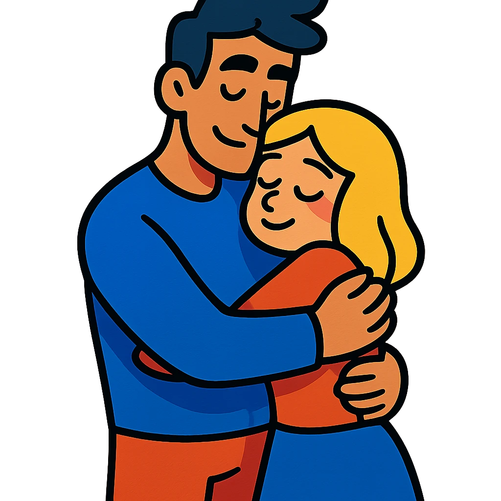 tall dark-haired male cuddling his short blonde girlfriend, vibrant toon style emoji