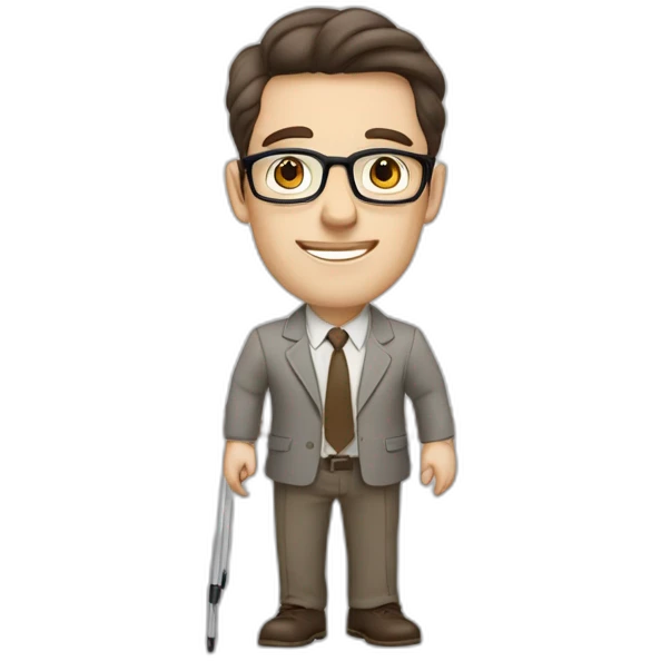 Pale skinned fit man with dark brown hair in gray jacket, beige office shirt, brown tie, brown pants and vintage glasses Writing text on the flipchart emoji