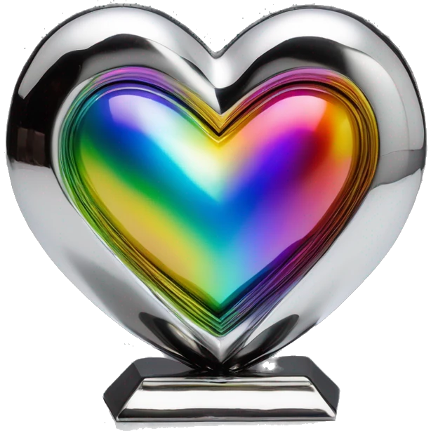 symmetric heart chrome sculpture symbolizing chromatic light with a geometric, faceted design. The heart is standing upright with angular and baroque features. The vibrant rainbow of colors highlights the sharp edges and planes.  emoji