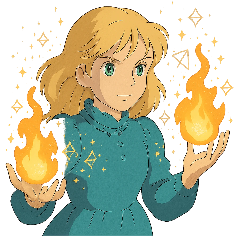 blonde woman with green eyes, fireballs in her hands, magical sparkles and glowing runes, ghibli style emoji