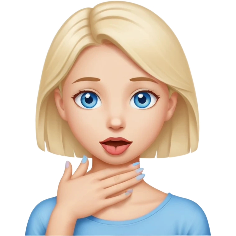 A blue eyed girl with hands crossed around her neck and tongue out emoji