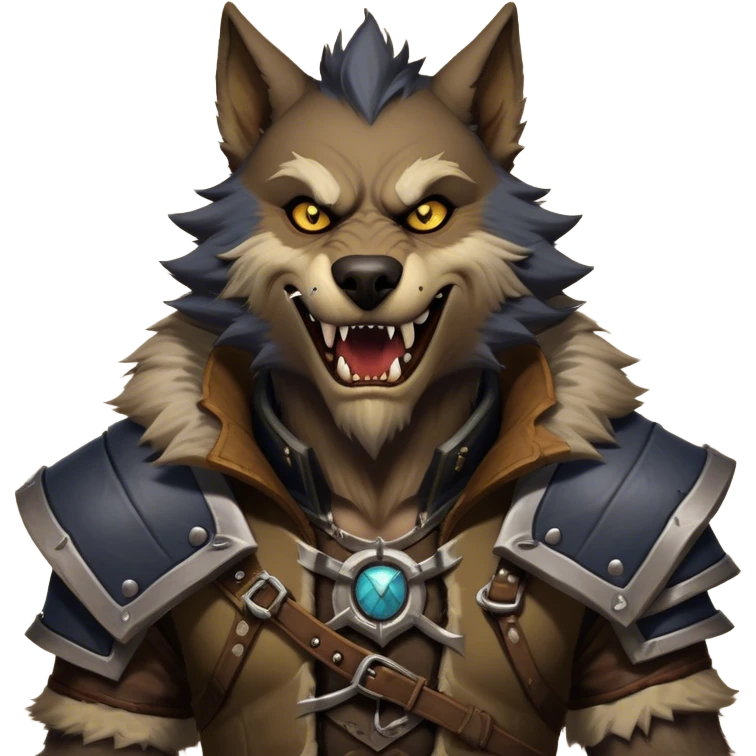 Cinematic Realistic WoW Worgen Portrait, head tilted dramatically with an exaggeratedly amused expression, blending ferocious beastliness with a touch of unexpected humor. His rugged fur, tanned skin, and worn leather garments are rendered with meticulous detail and dynamic lighting, high shine, dramatic yet whimsical, capturing the essence of a worgen whose epic might is tempered by a playful, irreverent charm. emoji
