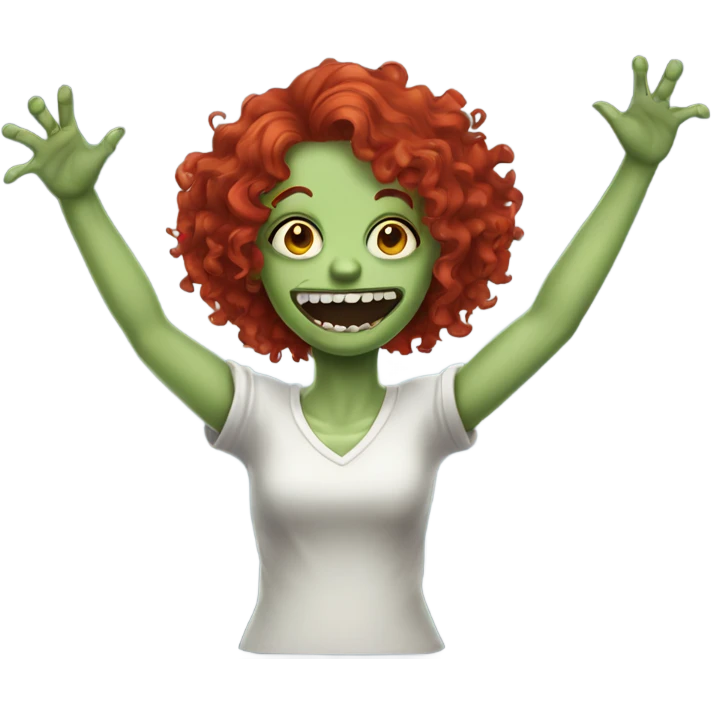 Happy zombie girl red curly hair with both hands in the air emoji