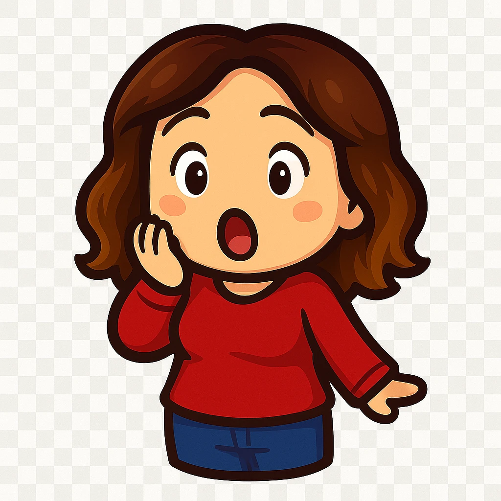 Sticker style chibi emote, matching the attached green heart emote as a base. Woman from reference, red blouse and blue jeans, surprised/shocked, cute surprised face, no headband, no wand, transparent background. Top color should not match jeans. emoji