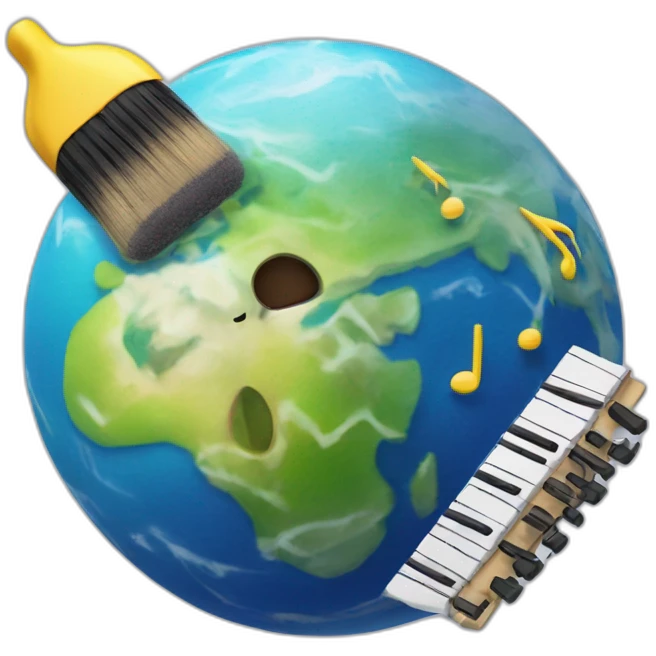 Big planet earth with small music notes and brush around emoji