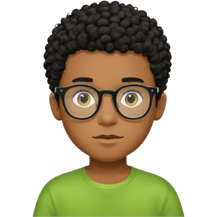 Menino pardo com cabelo curto cacheado preto raspado dos lados, de óculos preto quadrado e blusa verde e amarela emoji