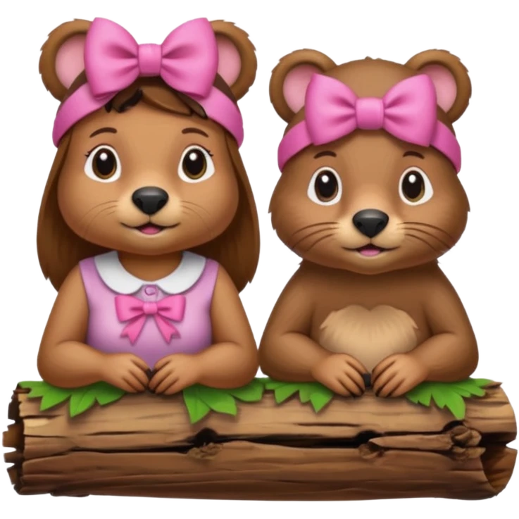 a girl beaver and a boy beaver on a log. give the girl beaver eyelashes and a bow on top of her head emoji