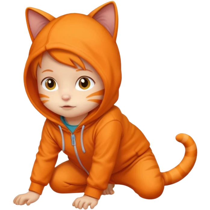 little kid Toddler in orange cat hoodie, crawling pose emoji