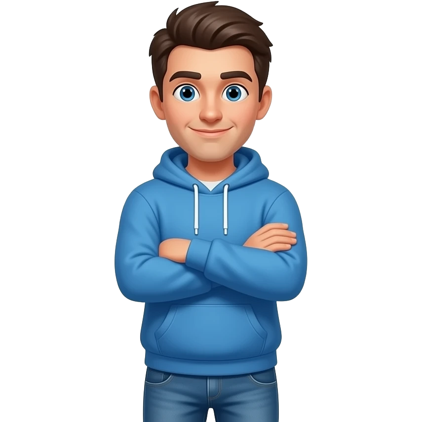 A 3D emoji-style illustration of a friendly man in casual clothes (blue hoodie and jeans), standing with arms crossed and looking directly at the viewer with a naughty face. Text in banner: 'ANSWER TO THEM, ON TOP' white text, while the name 'ON TOP' is rendered in a vibrant, glowing sky blue color. emoji