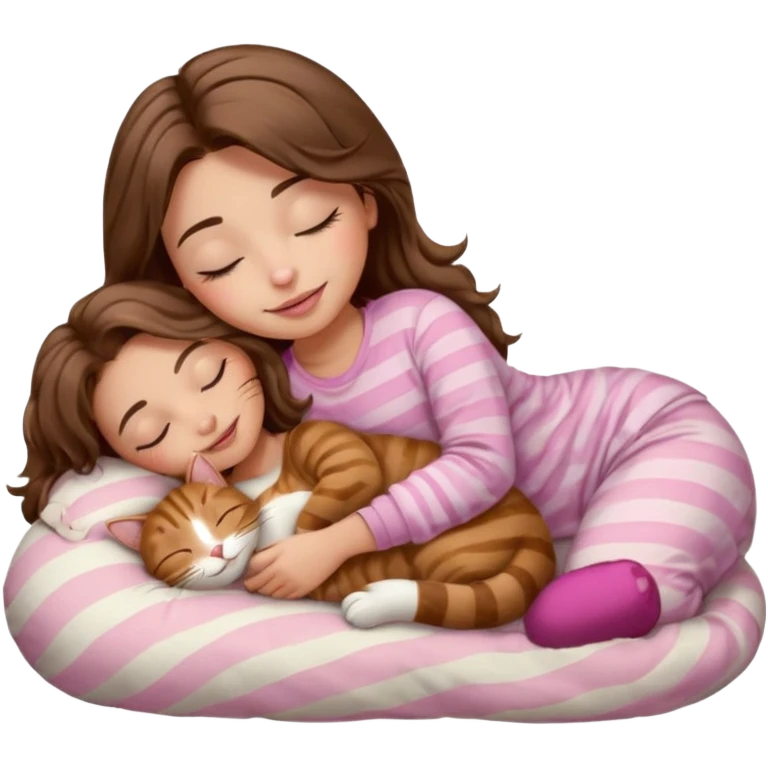 girl with wavy long brown hair, brown eyes, light to medium complexion, long lashes, light pink lipstick, smiling, wearing light pink shirt, sleeping on a cozy pillow, with brown tabby cat, sleeping emoji