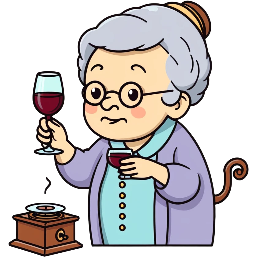 old lady with wineglass listening to gramophone emoji